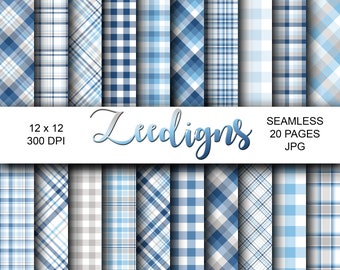 May include: A set of 20 digital paper patterns featuring various blue and white plaid designs. The patterns are seamless and perfect for crafting projects.