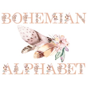 Boho Alphabet Clipart Scrapbooking Digital Set druckbares Papier | Aquarell Blumen | Monogramm | Boho Alphabet Buchstaben | Zahlen | Hippie