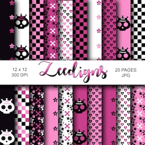 Punk Prinzessin Digitales Sammelalbum Printable Paper | nahtloses digitales Papier | Pink | Modern | Muster wiederholen | Totenkopf | Herzen | Knochen