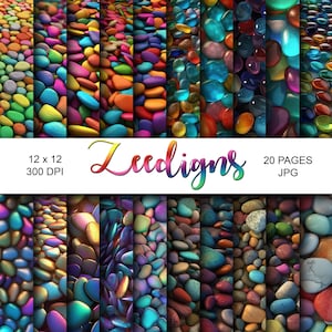 Pebbles Digital Scrapbook Printable Paper | Digital Paper | Stones | Rocks | Crystals | Pebble | Colorful Stones | Rainbow | Iridescent