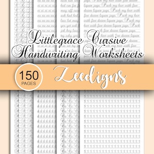 May include: Cursive handwriting practice worksheets with the text "Littlegrace Cursive Handwriting Worksheets" and "150 Pages". The worksheets feature lines for practicing letters and numbers. The background is white.