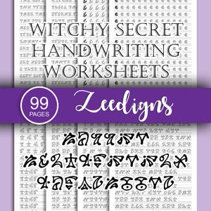 May include: A stack of handwriting worksheets with the text "Witchy Secret Handwriting Worksheets." The worksheets have lined pages with stylized writing samples. A purple banner displays "Leedigns" and "99 Pages."