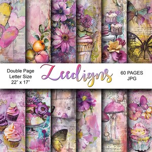 Diario basura con acuarela, páginas dobles / páginas de álbum de recortes digitales / mariposas / flores / corazones / pasteles / magdalenas / hongos / mágicos / vintage