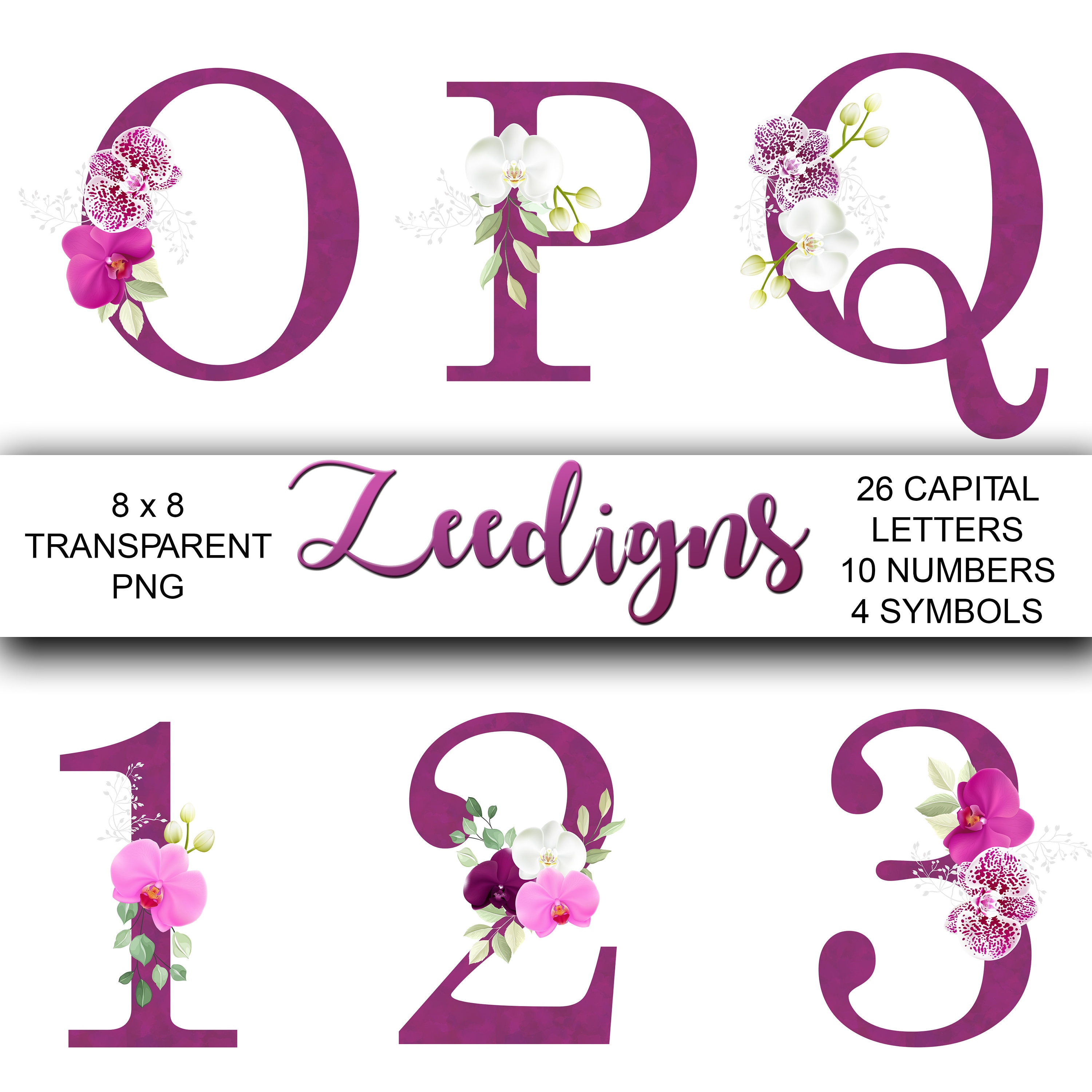 Orchids Lettering Orchid Flowers Alphabet Clipart Scrapbooking Digital Set Printable ...