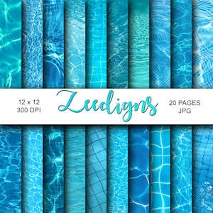 May include: 20 digital paper backgrounds featuring various blue water textures with ripples and reflections. The papers are 12 inches by 12 inches and 300 DPI. The text "Zeediigns" is in the center of the image.