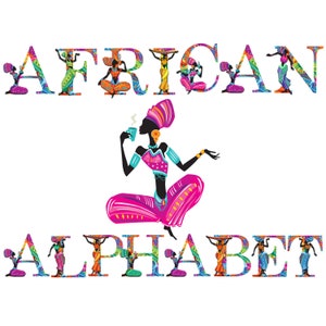 Set digitale di scrapbooking con clipart dell'alfabeto delle donne africane, carta stampabile / Africa / Donna nera / Colorato / Bere il tè /