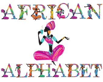 African Women Alphabet Clipart Scrapbooking Digital Set Printable Paper | Africa | Black Woman Lady | Colorful | Drinking Tea |
