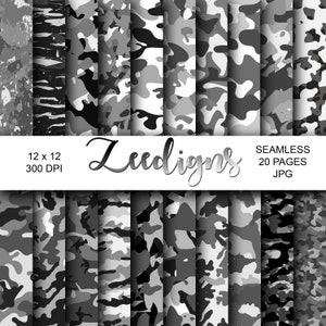 Camouflage naadloos zwart wit grijs digitaal plakboek afdrukbaar papier | Digitaal papier | Camouflagepatroon | Militair | Leger | Mariniers | Jagen
