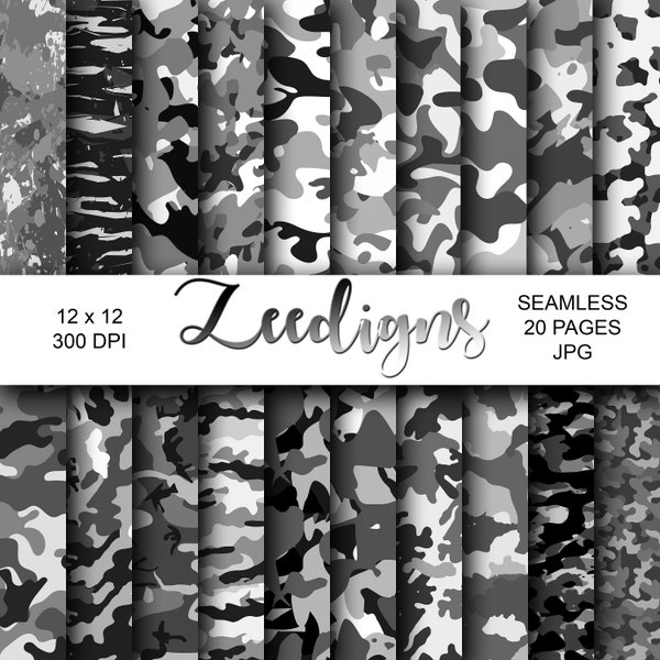 Camouflage Seamless Black White Grey Digital Scrapbook Printable Paper | Digital Paper | Camo Pattern | Military | Army | Marines | Hunting