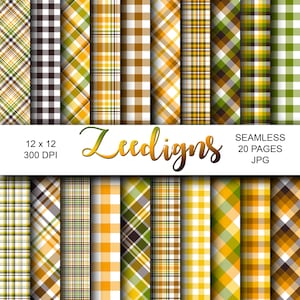 May include: A set of 20 digital seamless plaid patterns in various shades of yellow, green, brown, and white. The patterns are 12 x 12 inches and 300 DPI. The text "Zeediigns" and "Seamless 20 Pages JPG" is included in the image.