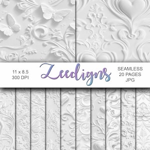 White Embossed Junk Journal Printable Pages, Background Neutral Journal Paper, Elegant, Collage Sheets, Butterflies, Floral, Hearts, Wedding