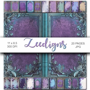 Capas de livros de lavanda, páginas para impressão de diário de lixo, capa de página de diário de lixo roxo, páginas da frente e de trás, flores, molduras,