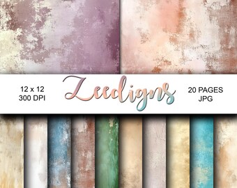 May include: A set of 20 digital paper backgrounds with a distressed, textured look. The papers feature a variety of colours, including pink, peach, blue, green, and brown. The papers are 12 x 12 inches and 300 DPI.