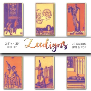Cartas de Tarô Sonhadoras 78 Deck - Download Digital Instantâneo - Rider Waite Smith - Baralho de Tarô para Imprimir - Baralho de Tarô Amarelo Laranja Roxo - Clipart