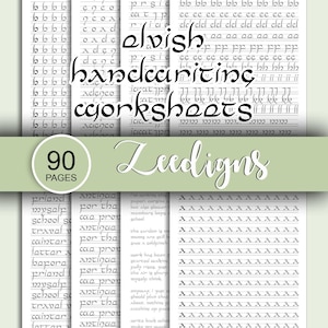 Op de afbeelding: Een verzameling van 90 Elvish handschriftwerkbladen. De werkbladen bevatten oefenlijnen voor letters en woorden, met de titel "Elvish Handwriting Worksheets" in een sierlijke lettertype. De merknaam "Zeudigns" is ook zichtbaar.