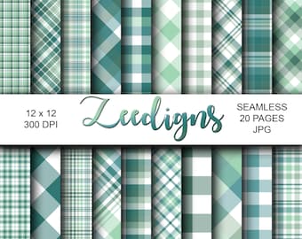 Papier imprimable Scrapbooking numérique sans couture à carreaux tons de vert | Numérique | Plaid vert | Motif vichy | Lumière | Turquoise | Hommes | Garçons