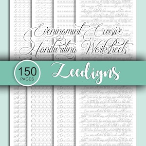 Peut inclure: Cahiers d'exercices d'écriture cursive avec le texte "Eveningmint Cursive Handwriting Worksheets" et "150 Pages". Les pages présentent des lignes d'entraînement et des exemples de lettres et de mots en cursive. La marque "Zeedigns" est également visible.