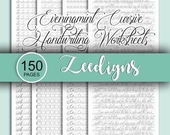 May include: Cursive handwriting worksheets with the text "Eveningmint Cursive Handwriting Worksheets" and "150 Pages". The pages feature practice lines and examples of cursive letters and words. The brand name "Zeedigns" is also visible.
