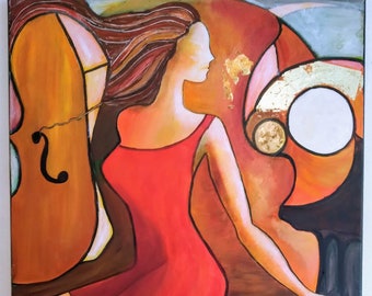 Original Hand Painted Cubist Cello Player Oil Painting on Canvas