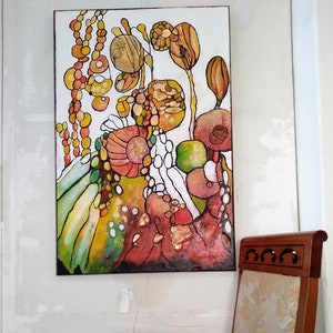 Original abstract floral oil and acrylic pouring paintings with gold leaf on canvas