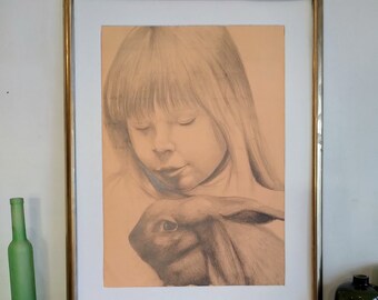 Large original unique girl drawing on paper with passepartout and frame