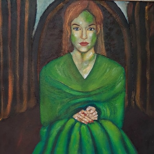 Original Unikat Ölgemälde Frau Portrait in Grünem Kleid auf Leinwand