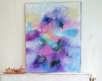 Original Blue Purple Abstract Textured Acrylic and Oil Paintings on Canvas