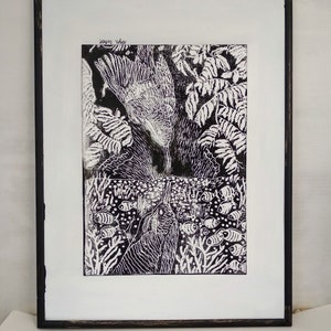 Grafica originale unica con linoleografia in bianco e nero su carta con passepartout