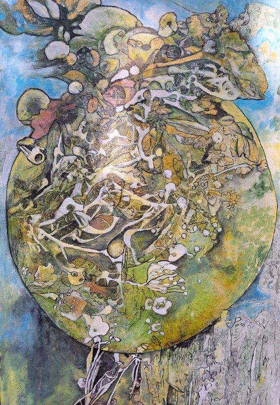 Original Large Abstract Oil Textured Green Floral Paintings on Canvas