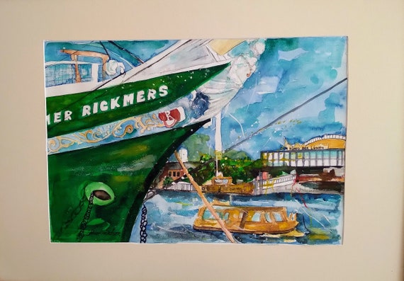 Originale Aquarell Hamburg  Hafen Malerei auf Aquarellpapier mit Passepartout