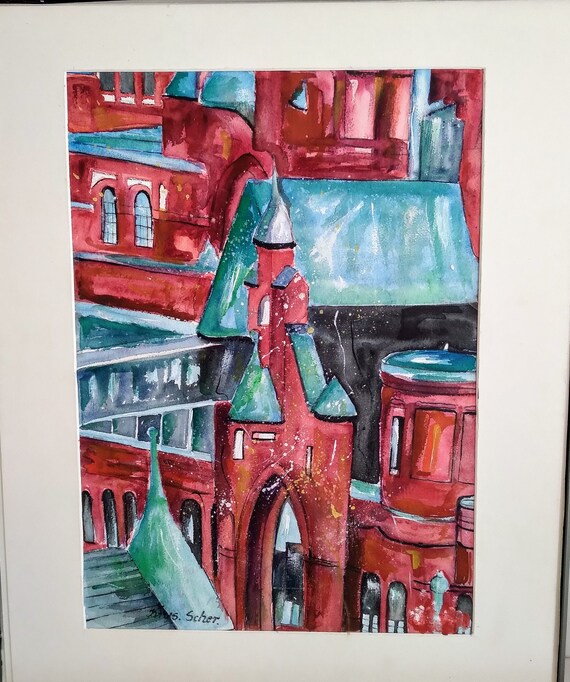 Originale Aquarell Malerei Hamburg City auf Papier mit Passepartout