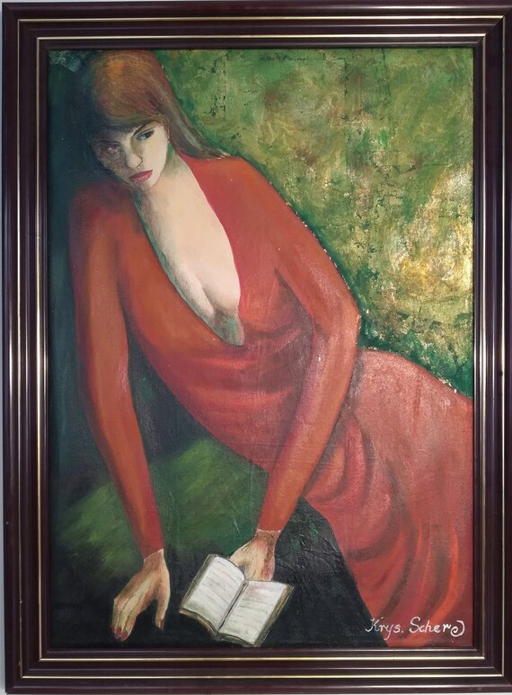 Original Surrealistische Frau mit Rotem Kleid Ölgemälde mit Blattgold auf Leinwand mit Holzrahmen