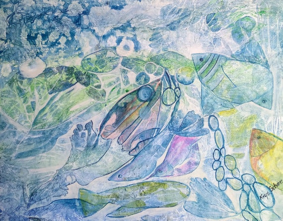 Original Aquarell und Acryl Florale  Gemälde auf Papier mit Passepartout und Rahmen