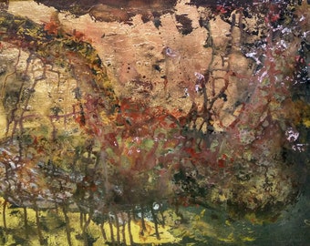 Originale Enkaustic und Schellack Blattgold Abstrakte Landschaft Gemälde auf Malkarton Gerahmt