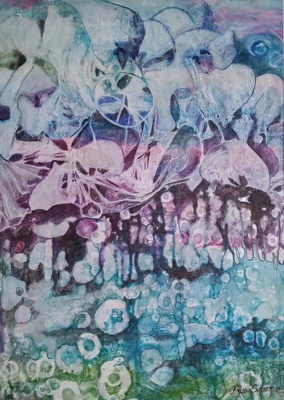 Orginal Blau Lila Acryl und Aquarell Mischtechnik auf Aquarellpapier mit Passepartout und Rahmen
