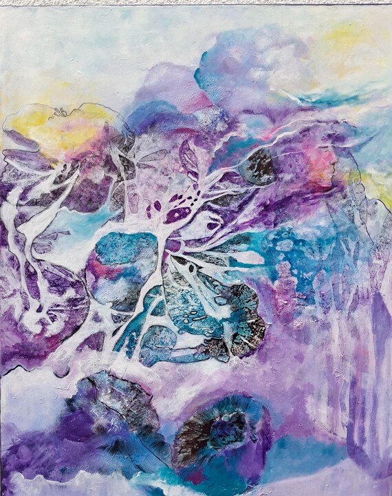 Original Blau Lila Abstrakte Strukturierte Acryl und Öl  Gemälde auf Leinwand