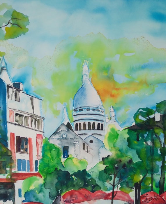 Unikat Original Aquarell Malerei  auf Aquarellpapier Paris Sacre Coeur mit Passepartout