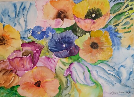 Originale Unikat Blumen Aquarell Malerei auf Aquarellpapier  mit Passepartout