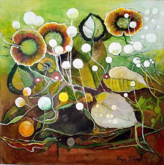 Unique Hand-Painted Square Abstract Green Floral Oil Painting on Canvas