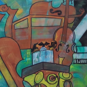 Œuvre musicale cubiste originale et unique sur carton avec passe-partout