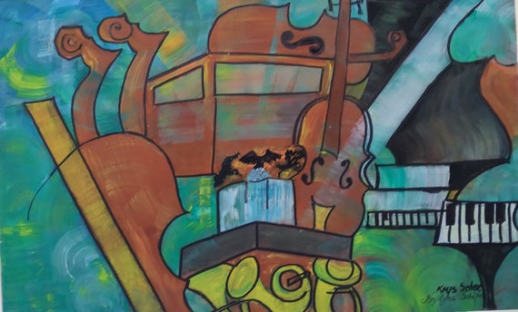 Original unique Cubist music art on cardboard with passepartout