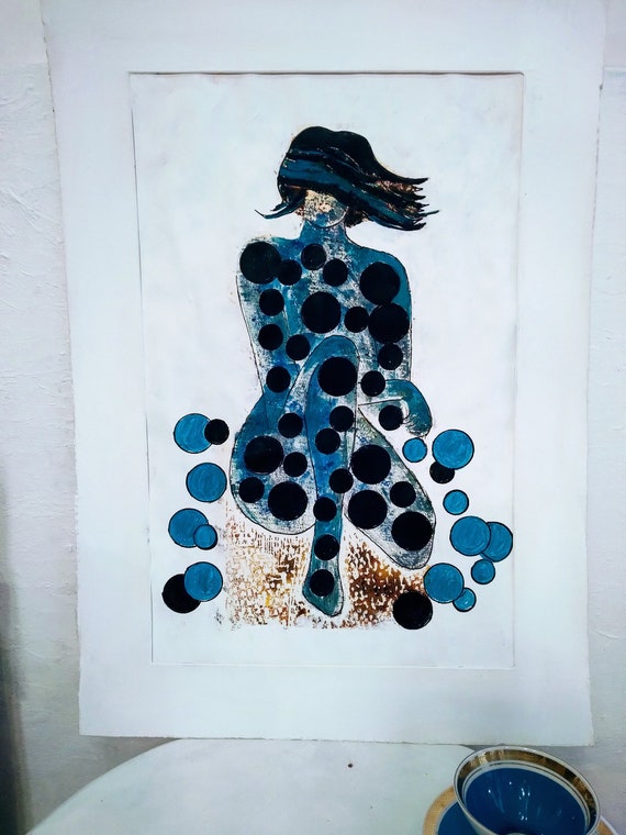 Originale Handgemachte Abstrakte Grafik Holzschnit Akt auf Papier mit Passepartout