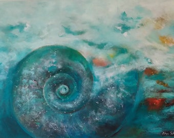 Original Overseas Abstract Surrealist Turquoise Blue Encaustic and Oil Paint Paintings on Canvas