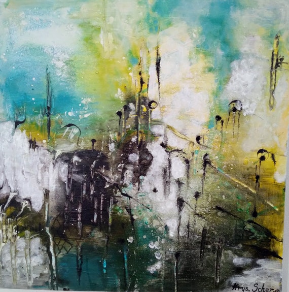 Originale Moderne Abstrakte Landschaft Turkis Schwarz Gelb Acryl Gemälde auf Leinwand