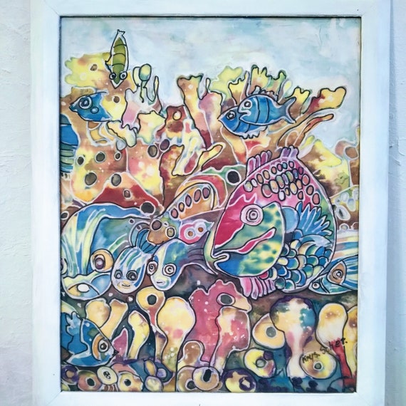 Original silk painting painted on silk and stretched on a stretcher frame and framed
