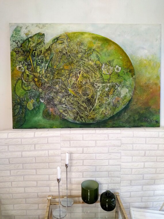Original Large Abstract Oil Textured Green Floral Paintings on Canvas