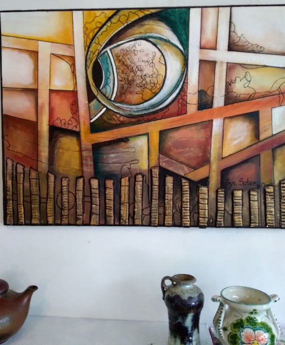 Original Abstrakte Geometrische  Strukturierte Ölfarben und Collage Kunst auf Leinwand