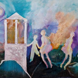 Original hand-painted surrealist oil painting with encaustic and oil paints on canvas