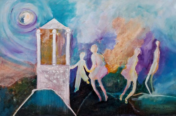 Original hand-painted surrealist oil painting with encaustic and oil paints on canvas