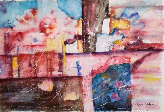 Originale Abstrakte Aquarell auf Handgeschöpftem Papier mit Passepartout